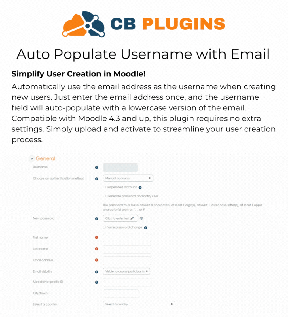 Auto Populate Username with Email - Moodle Admin Plugin